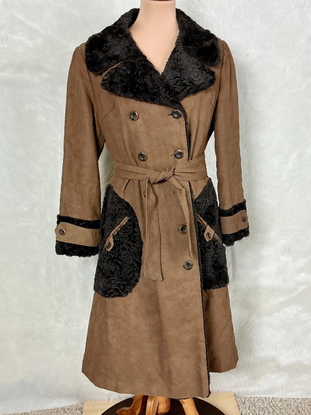 Vintage 60s 70s Faux Suede Faux Curly Lamb Fur Belted Trenchcoat Boho Retro M/L